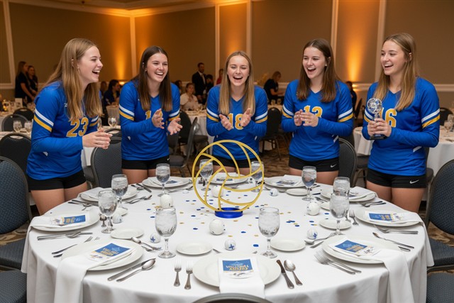 Gold volleyball centerpiece celebrating volleyball players